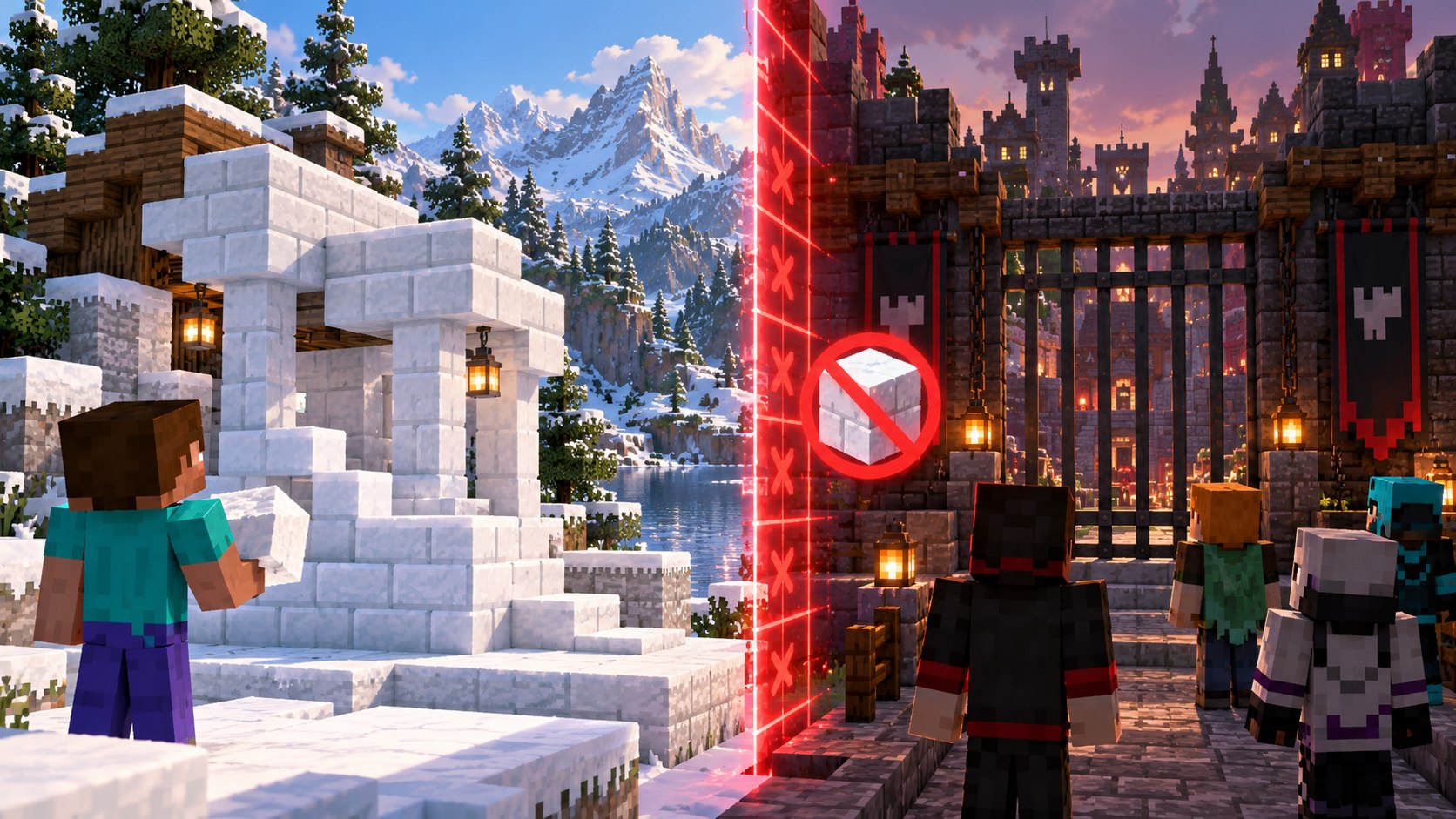 Illustrated boundary between a Snow Brick snapshot world and an incompatible multiplayer server