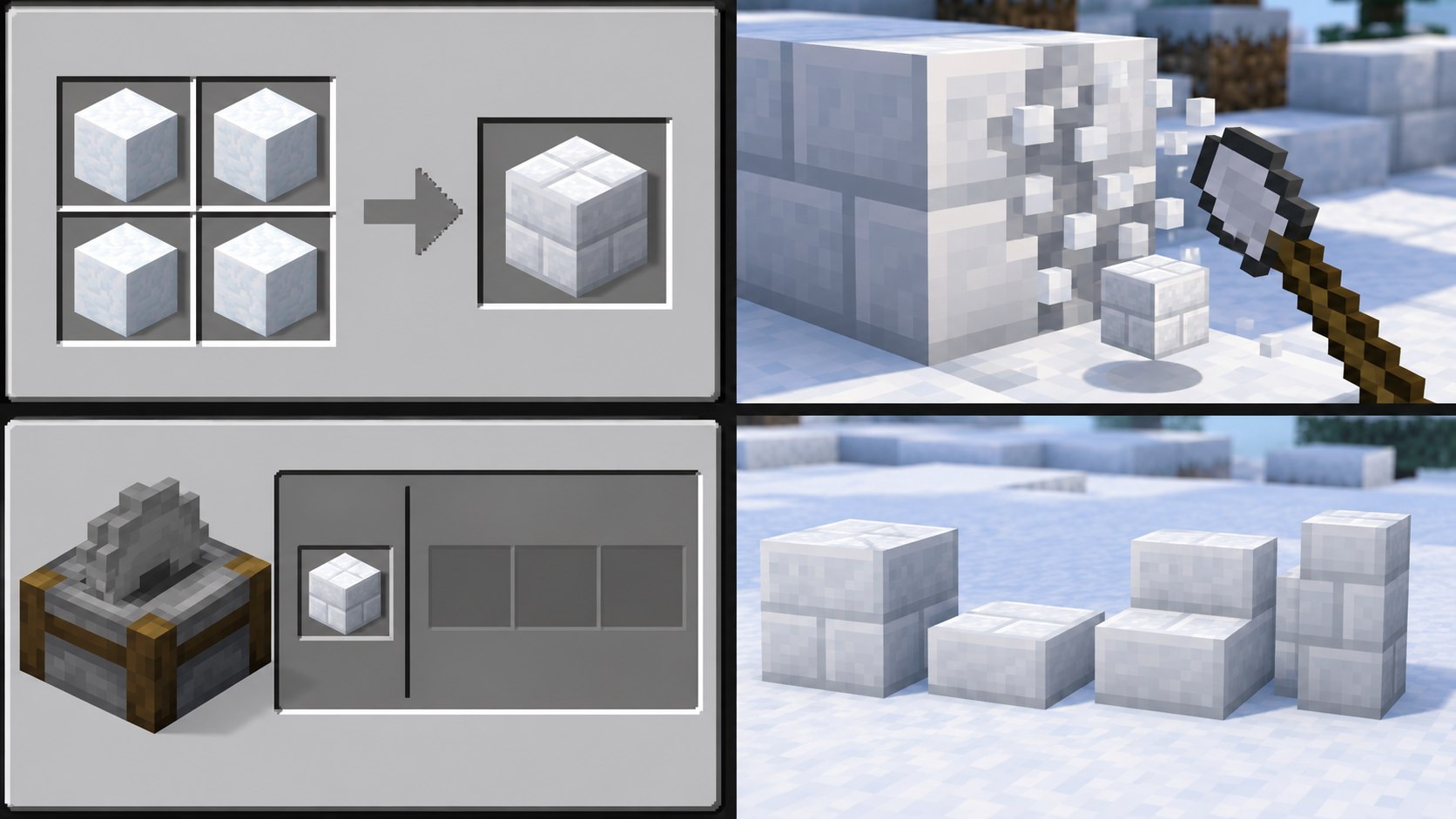 Four-panel Snow Bricks verification diagram covering crafting, mining, stonecutting and block variants